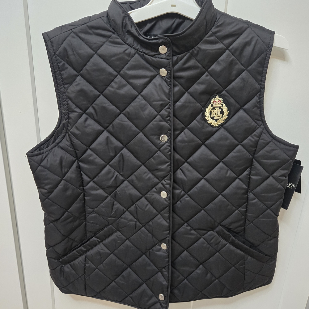 Lauren Ralph Lauren Vest Womens Large Black Quilted Crest Snap Front Padded